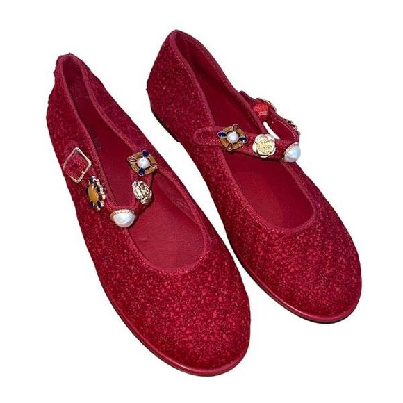 Cider FAUX PEARL & FLOWER DECOR TWEED MARY JANE FLATS Red Size 39 US 8.5 - Picture 3 of 6
